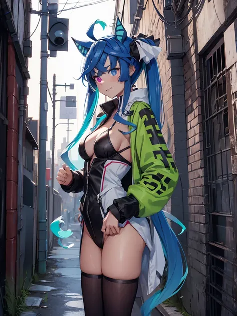 (Masterpiece, best quality, high res、highly detailed cg: 1), In a dimly lit back alley of an imaginary city, a streetwalker is standing confidently. She has flung open a long coat, revealing seductive lingerie or a provocative outfit underneath. The alley ...