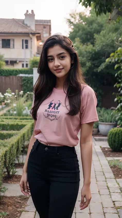 21 yo women Ananya Pandey wearing dark Pink tshirt  black jeggings body fit clothes garden full body said body poses sweet smile  perfect anatomy realistic realism ultra detailed eye ultra detailed face 8k