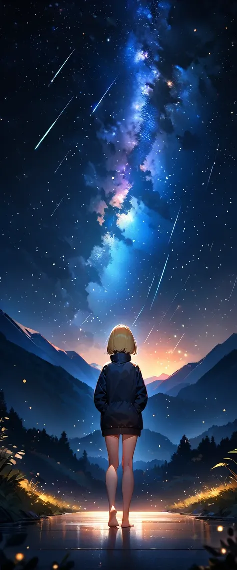 (((A meteor shower dancing in the night sky, countless stars twinkling in the clear air, a beautiful starry sky, the Milky Way shining beautifully in the night))), high collar, hands in pockets, looking up, mountain, wide shot, back shot, a girl, bob cut, ...