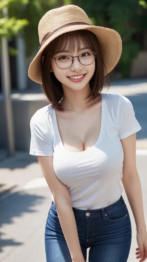 Highest quality, masterpiece, Ultra-high resolution, (Realistic:1.4),Beautiful woman,(Shortcuts),(Big Breasts) ,Beautiful Skin, Fine skin, 魅惑的なsmile, Background blur, smile, hat、Glasses、T-Shirts、jeans