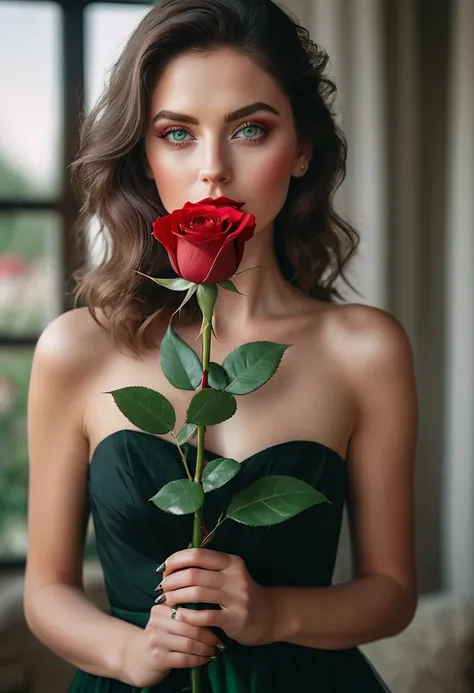 a woman with green eyes, flawless skin, half body shot, holding a red rose, whimsical photography style, captured with an Arriflex 35BL camera using Canon K25 prime lenses, cinematic, dramatic lighting, ultra clear, breathtaking surreal masterpiece.
