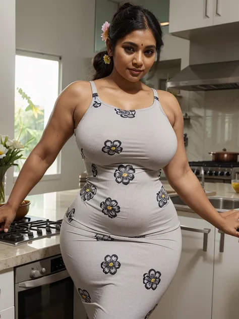 Sri lankan aunty 42 years old curvy body sexy figure fat body hairbun wearing flower pattern tight bodycon dress at kitchen sweating 