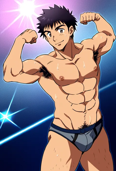 sexy anime teen boys flexing their sweaty bodies in underwear, shirtless, anime art style, hairy armpits