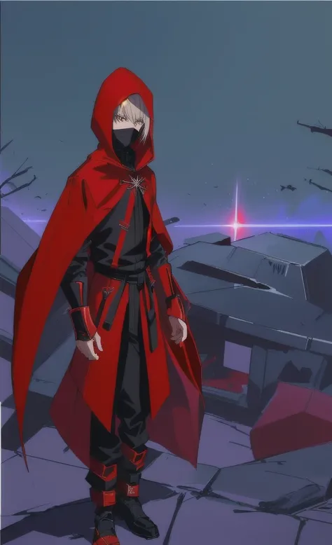 cartoon of a man in a red and black outfit with a blade, emitting evil red aura, red demon cloak, villain wearing a assassin suit, red hooded assassin, crimson attire, assassin