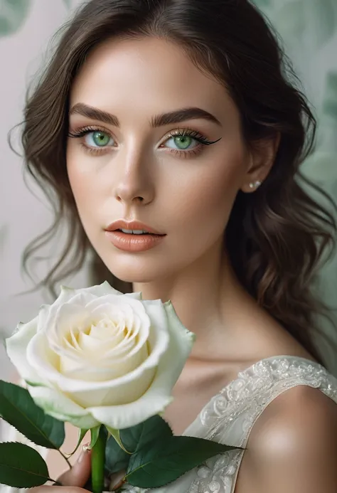 a woman with green eyes, flawless skin, half body shot, holding a white rose, whimsical photography style, captured with an Arriflex 35BL camera using Canon K25 prime lenses, cinematic, dramatic lighting, ultra clear, breathtaking surreal masterpiece.
