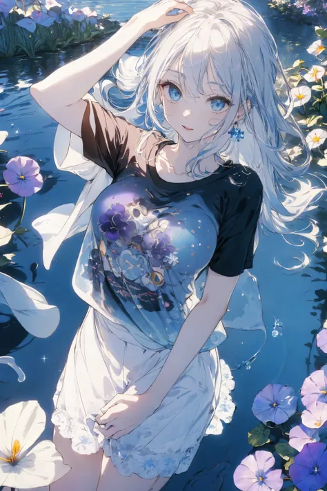 (water photo:1.1,simple t-shirt, in blue waterfront garden:1.5), Masterpiece, best quality, (very detailed CG unity 8k wallpaper), (best quality), High definition RAW color art, Animation,sculptures, (black Marble Skin), (((Ultra detailed elegant))), Magic...