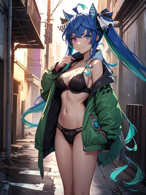 (Masterpiece, best quality, high res、highly detailed cg: 1), In a dimly lit back alley of an imaginary city, a streetwalker is standing confidently. She has flung open a long coat, revealing seductive lingerie or a provocative outfit underneath. The alley ...