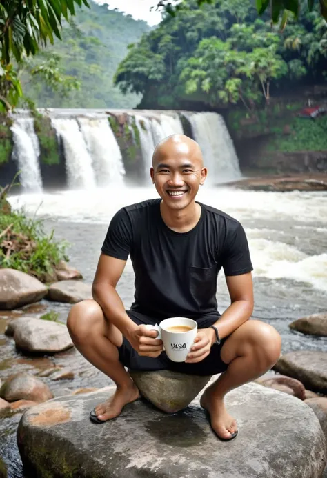 An Indonesian young man , bald head, which,  smiling wearing a black t-shirt, and sheath. Sitting on a rock by the river, while holding a cup of coffee, facing to see some beautiful girls wearing kemban, who is washing clothes in the river. The background ...