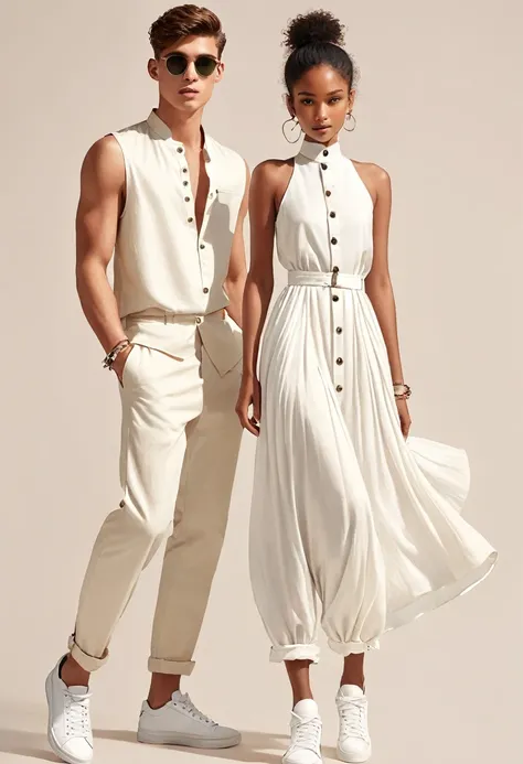 candid fashion illustration of young Mixed race man and woman, both aged 22 year old, ((showcase fashion look book in a off-White outfits)), inspired by Zara Summer collection in elegant young bohemian style. The man wears  Relaxed-fit shirt in a linen and...