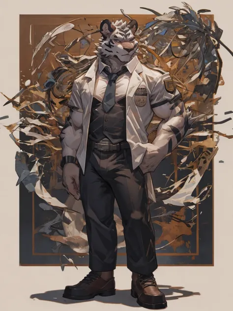 {{bara extremely handsome white tiger,}} {{white fur,}} white, wearing elegant ornate suit jacket, trousers, white dress shirt and necktie, white fluffy furry body and limbs, loafers, very tall, very broad shoulders, narrow waist, muscular arms, massive pe...