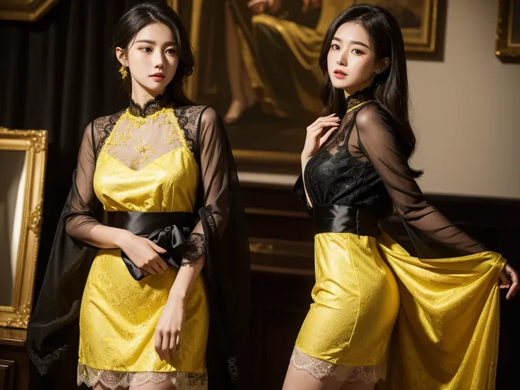 ((masterpiece)), (best quality),(detailed),Girl wearing yellow lace dress,Black Silk