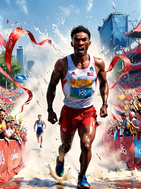 a photo of a diverse male athlete in mid-stride, on the verge of breaking a red ribbon at the finish line of an olympic race, he...