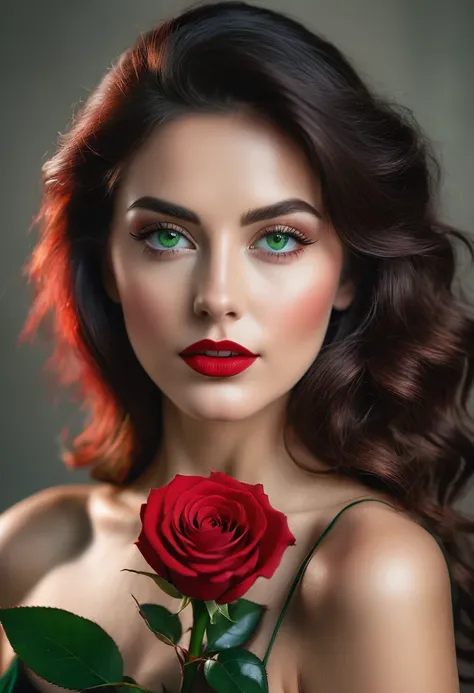 a woman with green eyes, flawless skin, half body shot, holding a red rose, whimsical photography style, captured with an Arriflex 35BL camera using Canon K25 prime lenses, cinematic, dramatic lighting, ultra clear, breathtaking surreal masterpiece.
