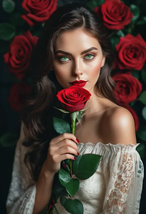 a woman with green eyes, flawless skin, half body shot, holding a red rose, whimsical photography style, captured with an Arriflex 35BL camera using Canon K25 prime lenses, cinematic, dramatic lighting, ultra clear, breathtaking surreal masterpiece.
