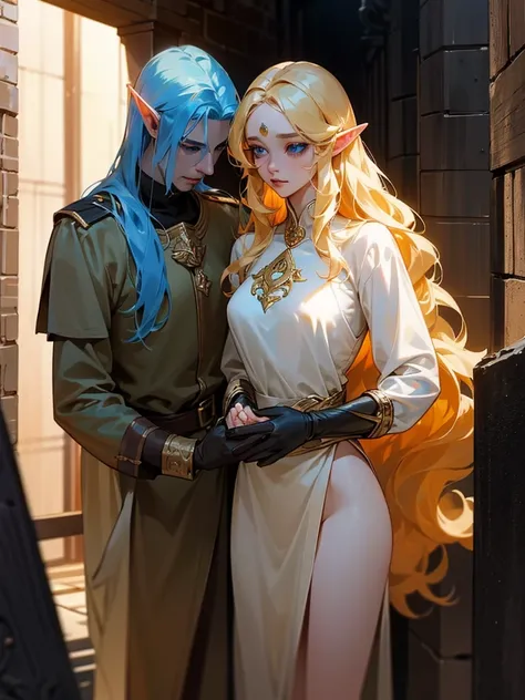 A beautiful elf was violated by a soldier in a dark alley. She has long wavy golden hair, blue eyes, and fair skin. The nobility was violated.