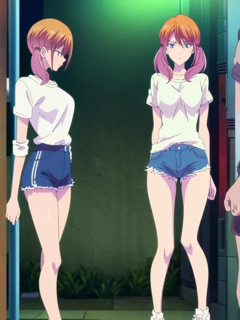 Girl, short tight shorts, Shirt unbuttoned, Bare breasts, chest visible, street  background, openlegs, Narrow passage between houses, night, rain, slim body, slim ass, Sneakers, In full growth, twin tail 