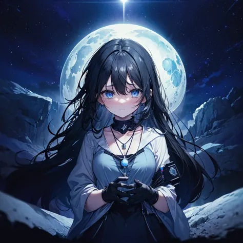 (((Lock)))　((High resolution　Black Hair　Long Hair　Dull blue eyes　uniform　Lonely　despair))　((necklace　tears　gloves))　(night　Distorted Space-Time　star　moon　)　Catch the wind　Light