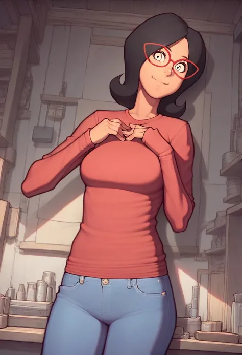 linda, 1girl, black hair, solo, glasses, red-framed eyewear, smile, red shirt, looking at viewer,upper body, jeans, long sleeves, pants, score_9, score_8_up, score_7_up, score_6_up,looking at viewer,  zPDXLxxx, asura (asurauser),