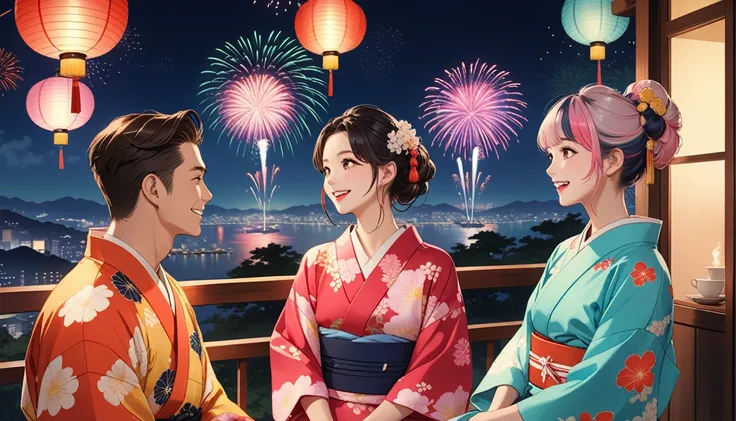 Cafe、Lovers of men and women、seems to be happy,smile、Fireworks display、 Multicolored Hair, 、Retro costumes, yukata, Glancing sideways, Hyper Pop, stylish、 Retro feel, overview, masterpiece, Highest quality,