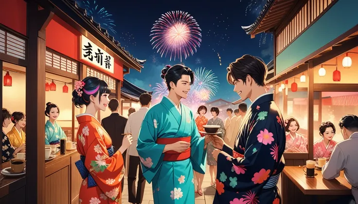 Cafe、Lovers of men and women、seems to be happy,smile、Fireworks display、 Multicolored Hair, 、Retro costumes, yukata, Glancing sideways, Hyper Pop, stylish、 Retro feel, overview, masterpiece, Highest quality,