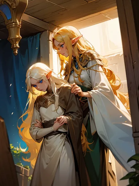 A beautiful elf was violated by a soldier in a dark alley. She has long wavy golden hair, blue eyes, and fair skin. The nobility was violated. Male Elf.