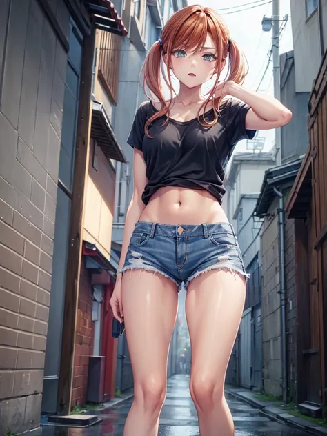 Girl, short tight shorts, Shirt unbuttoned, Bare breasts, chest visible, street  background, openlegs, Narrow passage between houses, night, rain, slim body, slim ass, Sneakers, In full growth, twin tail 