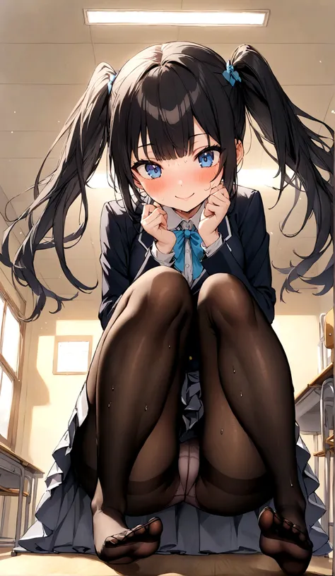 Gal High School Girl、One girl in a mini skirt, Squat with your legs wide apart、Looking down at the viewer, Twin tails, Highest quality, Focus on the thighs, Dynamic pose, smile, blazer, blouse, Black Pantyhose, panties under pantyhose, , classroom, Black H...