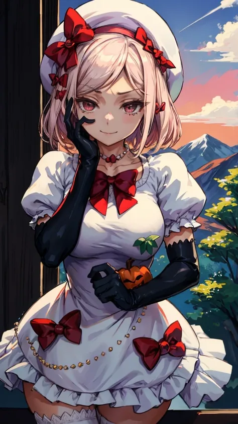 (masterpiece),(best quality), lambdadelta ,dress, striped stockings, red bow, pink hat, necklace, gloves, pearl, pumpkin brooch,  crazy face, upper body, persistent stare, mountains, forest, looking at the viewer, red sky, yandere trance, yandere, hands on...