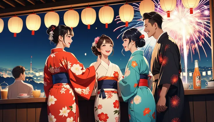 Cafe、Lovers of men and women、seems to be happy,smile、Fireworks display、 Multicolored Hair, 、Retro costumes, yukata, Glancing sideways, Hyper Pop, stylish、 Retro feel, overview, masterpiece, Highest quality,