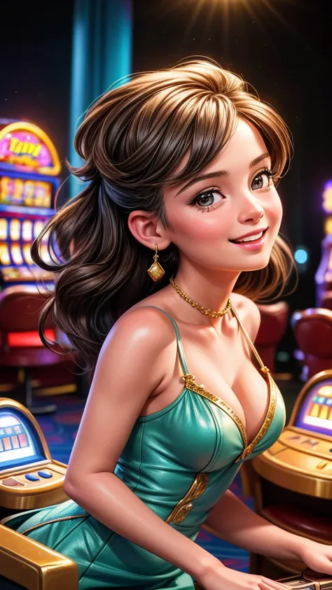 beautiful detailed girl playing slot machines at a luxurious casino in Las Vegas, elegant dress, joyful expression, casino interior with bright lights and rich decor, photorealistic, 8k, masterpiece, (best quality:1.2),(realistic:1.37),ultra-detailed, vivi...