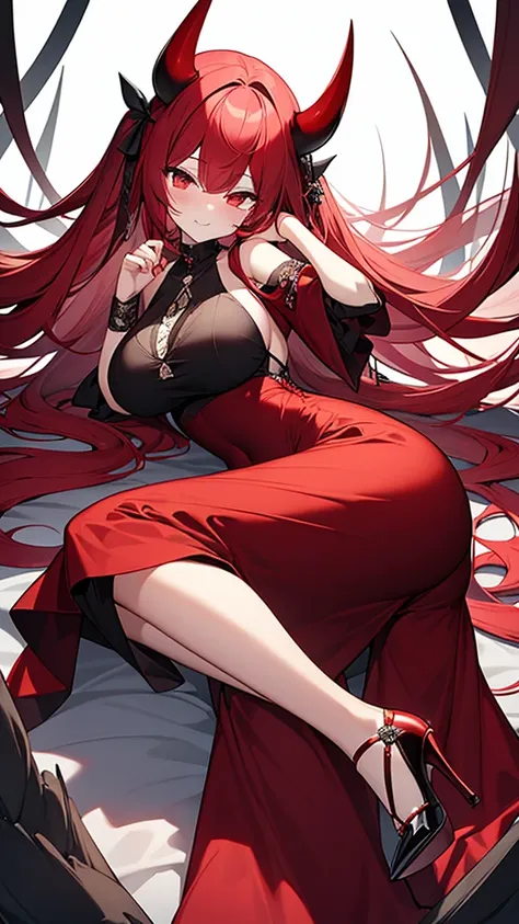 Highest quality、Long Red Hair、devil、Big Breasts、devil羽、Fox Eyes、Long dress、Black heels、Large thighs