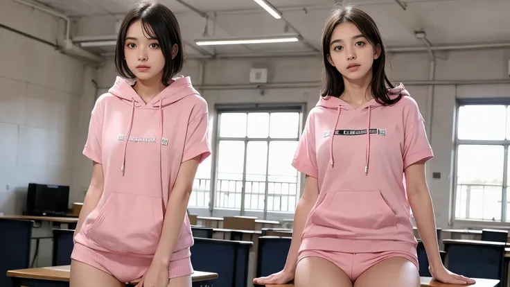 deux femmes ensemble de 18 ans sexy et mince , pink short sleeve hoodie , salle de classe, se touche,position sey,sensuel