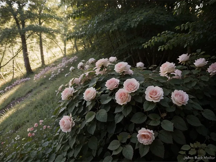 Close up of wild roses bushes in the forest, oil painting, ethereal, dreamy, soft pastel colors, by John Bauer 