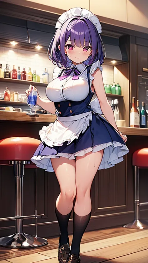 最high quality, high quality, super detailed, 32k, ultra-detailed details, waitress(only, standing, pretty girl, beautiful purple...