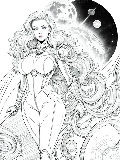 work of art,very sharp image,((American comics style)),((The perfect woman)),((A person)),retro space futurism, beautifull detailed face,high-tech armor jumpsuit, long  curly hair,in deep space, with several planets and suns in the background, Excellent se...