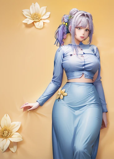 photorealistic, high resolution, masterpiec e best quality ultra-detailed, 1women. (m edium breast), hair bun, jesmine flower o n the head, mature female, solo, hips up, (wearing acmmsayarma outfit, acmmsaya rma blue top with buttons, long sleeves), ((acmm...