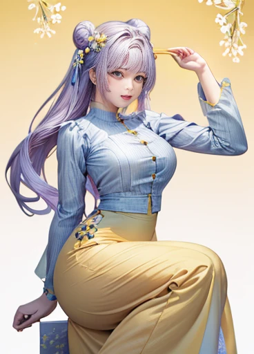 photorealistic, high resolution, masterpiec e best quality ultra-detailed, 1women. (m edium breast), hair bun, jesmine flower o n the head, mature female, solo, hips up, (wearing acmmsayarma outfit, acmmsaya rma blue top with buttons, long sleeves), ((acmm...