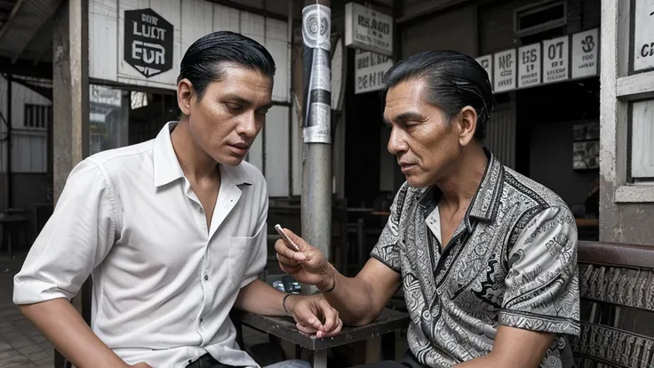 a young man with slicked-back black hair buying cigarettes from an older gentleman at a warung, detailed illustration, intricate linework, black and white with a touch of color