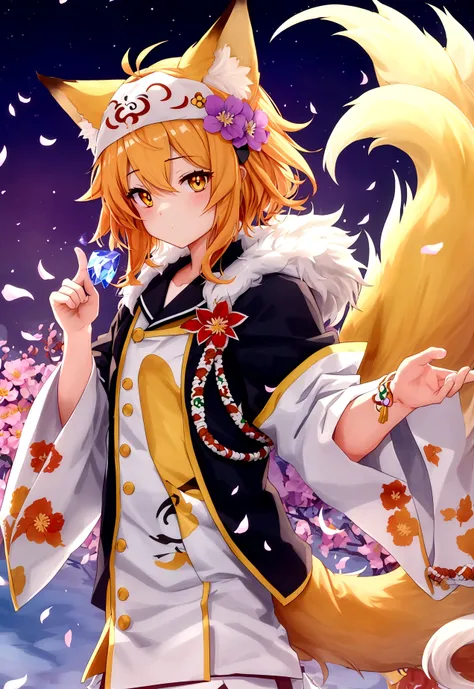 wave, koi fish, anime artstyle, wide view, fluffy. yellow  fox, marking under the eyes, crystal antler ,violet eyes, wearing bandanna, flower petals, Ambient light，Ultra-fine fur，volumettic light，natural  lightting，fox tail，nevando，35mm。High quality, high ...