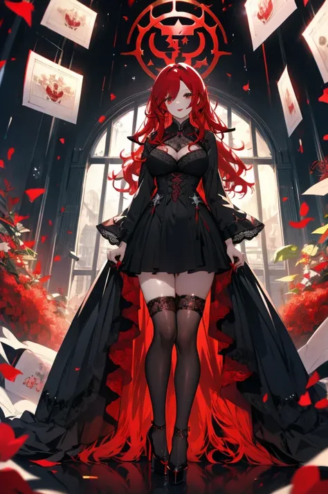 high resolution、Long Red Hair、Black Dress、devil、devil羽、
Big Breasts、Large thighs、High black heels、
Hand clean、Lipstick red、Lots of lace