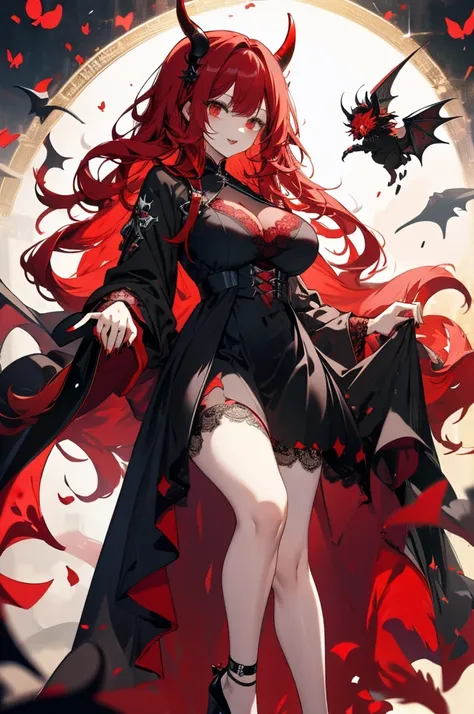 high resolution、Long Red Hair、Black Dress、devil、devil羽、
Big Breasts、Large thighs、High black heels、
Hand clean、Lipstick red、Lots of lace