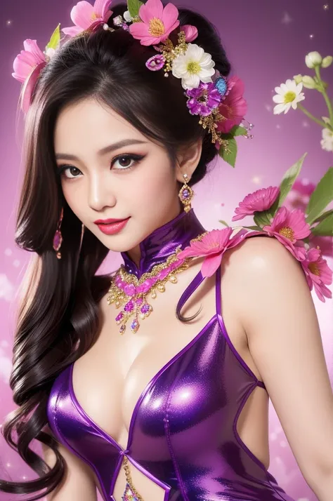 sexy Thai model who controls poison、beautiful smile、lip-gloss、bold lipstick、long lashes、ultra detailed makeup、look at the camera、full body Esbian、、sparkling poisoned flower costume、、、、sparkling Colorful hair、secrete poison、skull hair accessories、sexy tight...