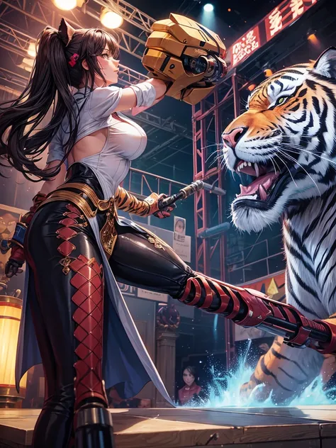 girl dressed as a magician trying to tame a robotic tiger at the circus 