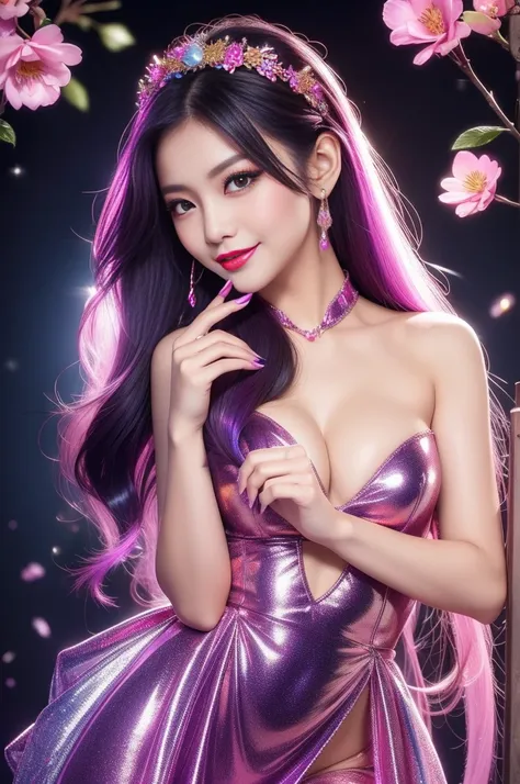 sexy Thai model who controls poison、beautiful smile、lip-gloss、bold lipstick、long lashes, metallic makeup、look at the camera、full body Esbian、、sparkling poisoned flower costume、、、、sparkling Colorful hair、secrete poison、skull hair accessories、sexy tights、shi...