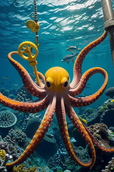 An octopus, with each of its tentacles holding specified tools like tester, pipe wrench, spanner, hand drill with Vibrant colors to make it eye-catching. Consider using shades of blue and green for the octopus to signify water and life, with the tools in c...