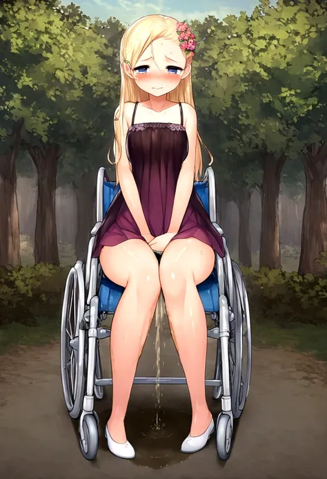 Anime. 1 girl. Baby. Princess. Blonde. Long hair. Blue eyes. Beautiful eyes. Perfect eyes. Expressive eyes. Eyes covered with a faded film. Blind eyes. Blind. Ideal face. Ideal anatomical body. Beautiful long legs. Beautiful body. Beautiful nose. 12 years ...