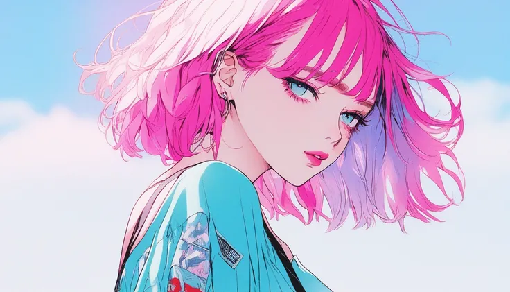 Illustrator, anime , Realistic ,sketch , 1 Girl, ,lip, blouse，order, Summer background, Neon Hair,Textured Trim, Canadian, (masterpiece,Highest quality) Cancer，Summer heat，Vision，