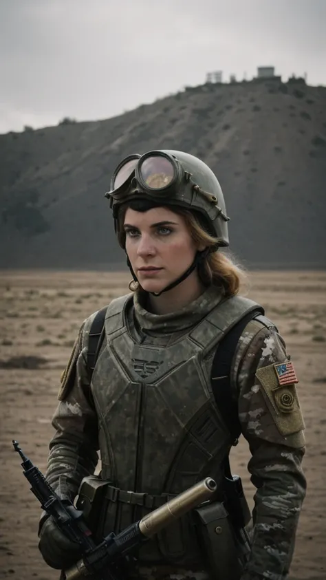 cinematic film still of beautiful 25 year old (4nn4D31v3y woman),as comicbook hero Tank Girl,wearing an (army camoflage uniform:1.1) and helmet,(medium close up shot),standing next to a (armor steampunk tank:1.2),apocalyptic landscape in background,cinemat...