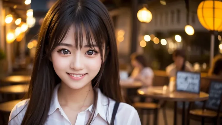 Cute girl working at a cafe terrace　Japanese　１９age　
Professional Lighting　Digital SLR　Beautiful and elaborate face　Perfect and beautiful face　Big eyes Smile