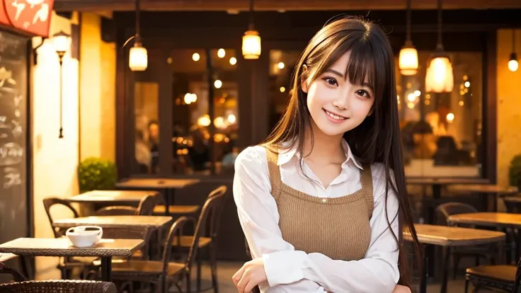 Cute girl working at a cafe terrace　Japanese　１９age　
Professional Lighting　Digital SLR　Beautiful and elaborate face　Perfect and beautiful face　Big eyes Smile